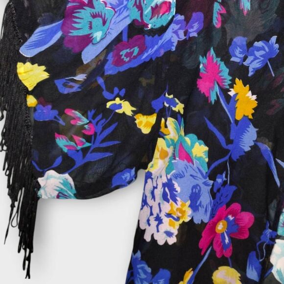 Angie Womens Coverup Sz M Kimono Sheer Black Floral Fringe‎ - Picture 5 of 9